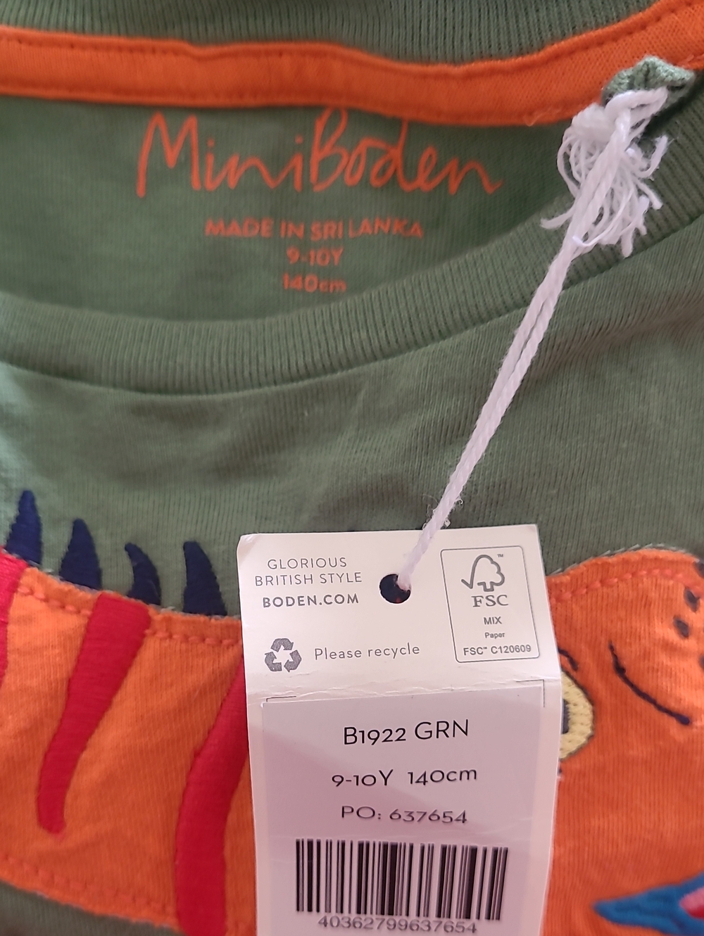 Boden Boys Green Dinosaur Shirt Size 9-10 years - Picture 2 of 3